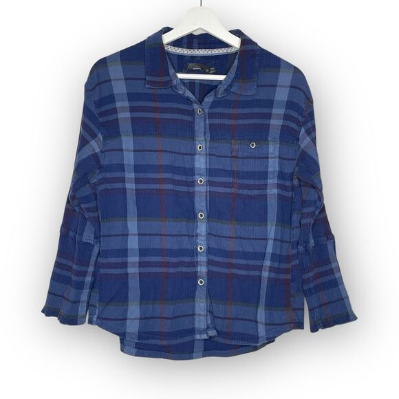 PrAna Organic Cotton Fillary Blue Plaid Crinkle Gauze Button Up Shirt Top Medium - Picture 1 of 12